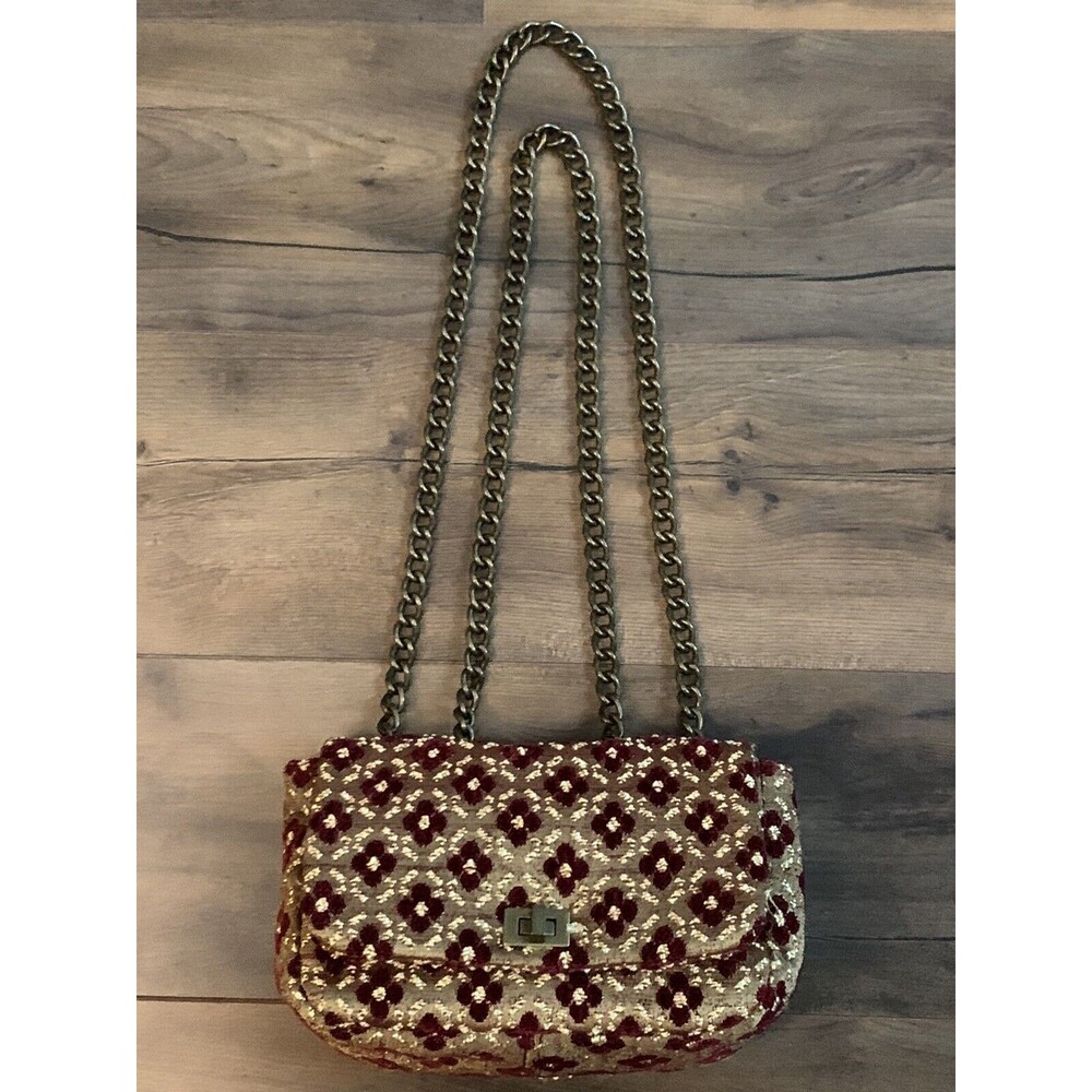 Free People Purse Jaquard Gold/Red Boho Hobo Handbag - Chain Strap Crossbody Bag